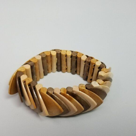 Vintage Wood Overlay Beaded Stretch Bangle Bracelet, Mixed Tones, Retro Estate - Picture 2 of 7